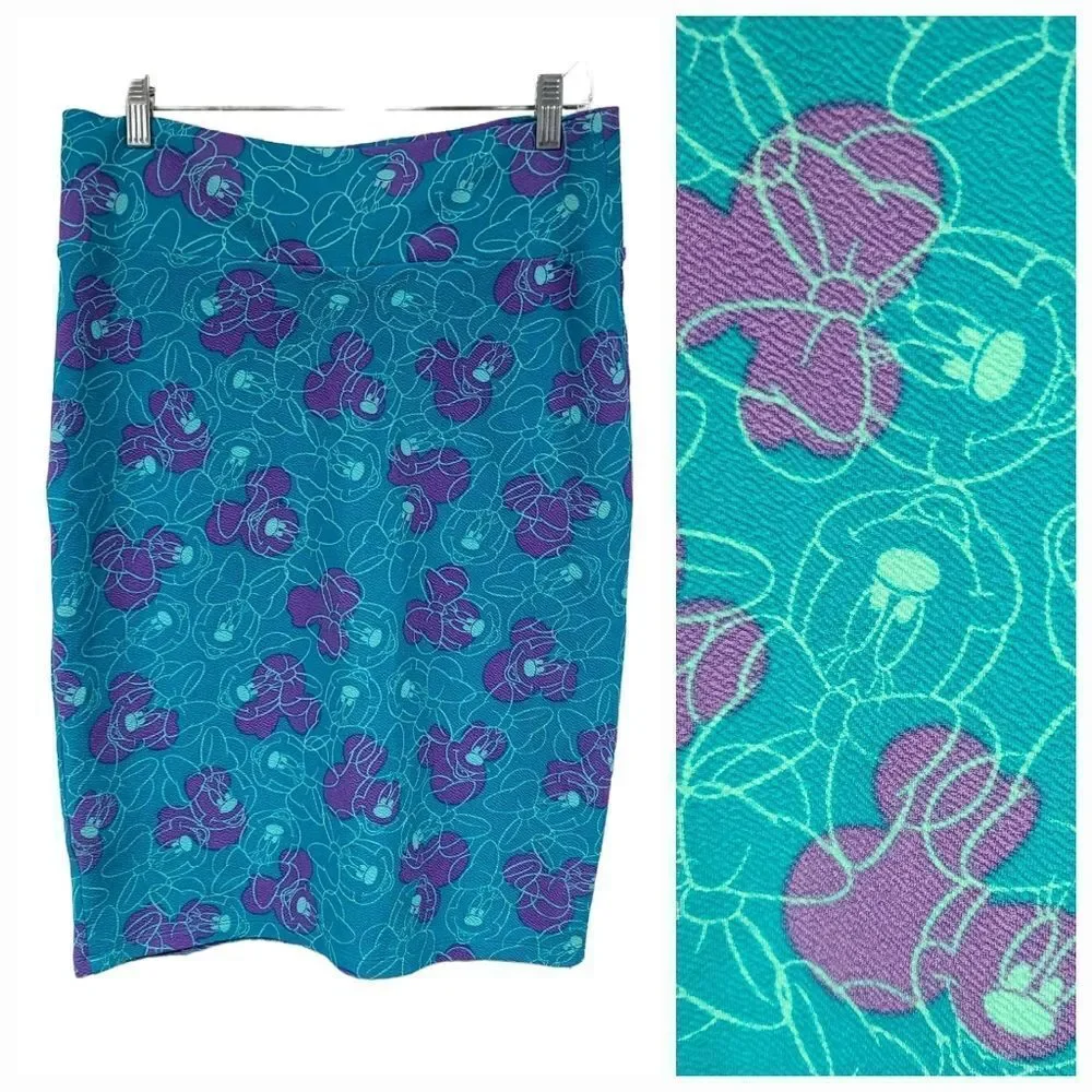LuLaRoe Disney Minnie Mouse Cassie Pencil Skirt Teal Purple Stretch L Pull On